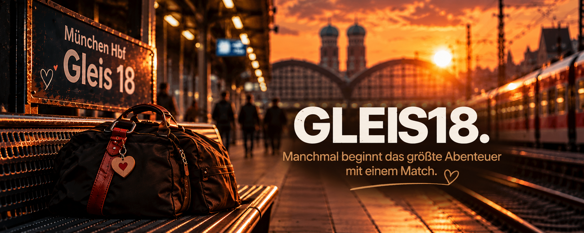 GLEIS18. Manchmal beginnt das größte Abenteuer mit einem Match. Bahnhof Gleis 18 im Sonnenuntergang.